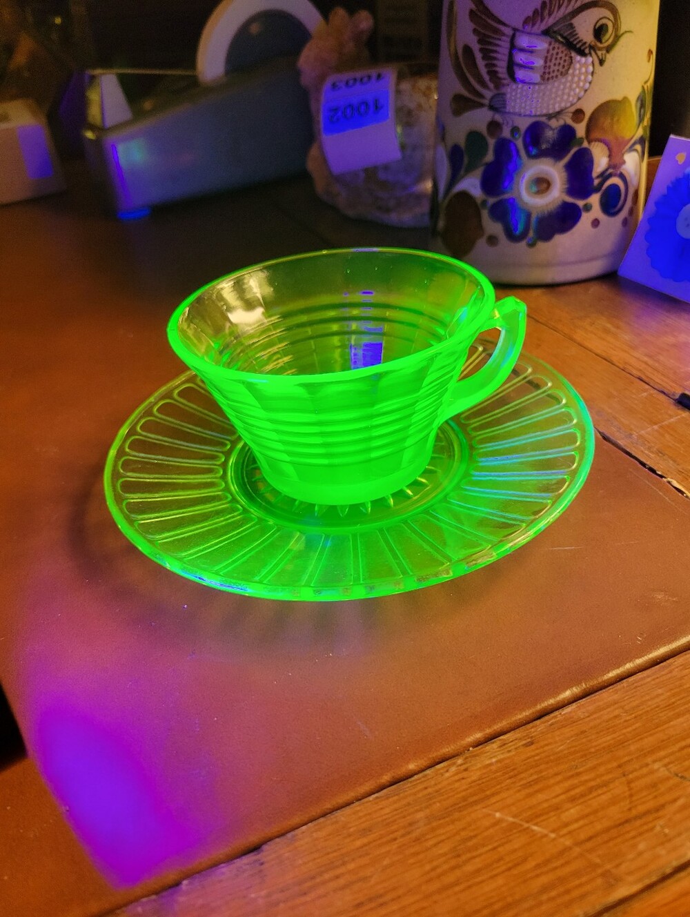 Uranium Glass Vintage Tea Cup Saucer Set Green Depression Glass